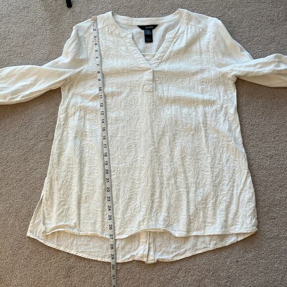 Ali Miles Linen Embroidered Button Back Roll Tab Sleeve Tunic Top Size Medium - Picture 7 of 7